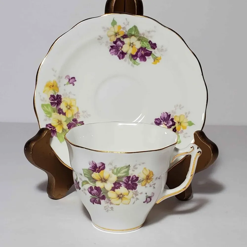 Old Royal Demitasse (Small) Teacup and Saucer Purple Yellow Flowers Vintage